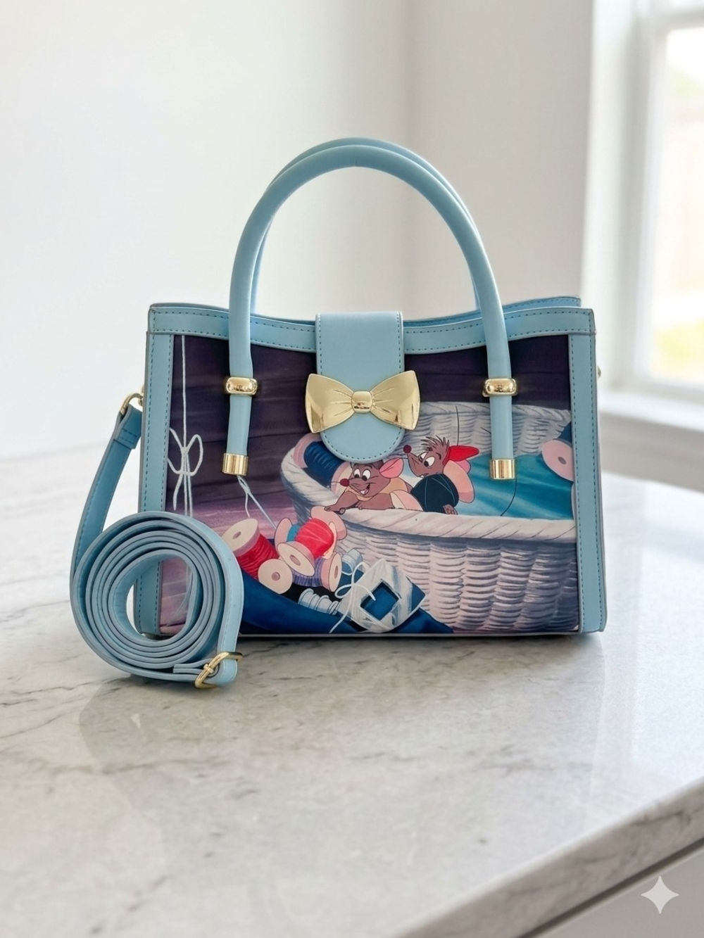 Loungefly Light Blue Cartoon Print Top-Handle Satchel with Gold Bow